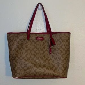 Coach Red and Khaki Signature Canvas Tote Bag
